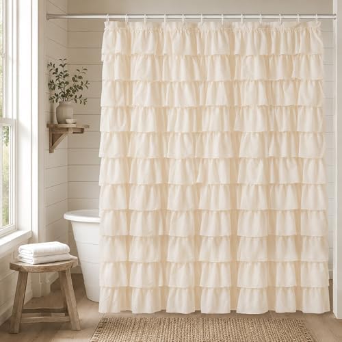 Beige Ruffle Shower Curtain for Bathroom, 72x84 inch, Elegant Ruffled Panel
