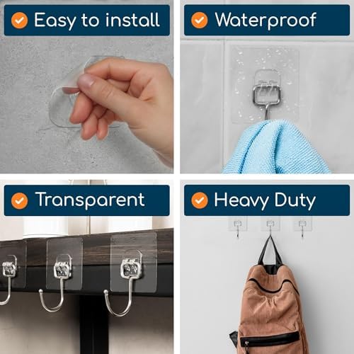Adhesive Large Wall Hooks for Hanging Heavy Duty No Drill, 22 lbs, 12 pcs