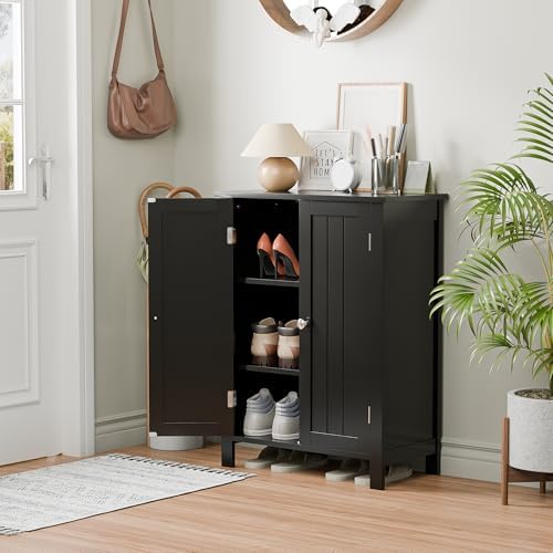 ZENY Bathroom Floor Storage Cabinet with Double Door + Adjustable Shelf, Wooden Organizer Cabinet for Living Room, Bathroom, Bedroom, Modern Home Furniture (Black)