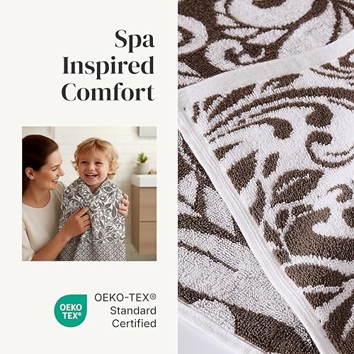 Modern Threads 6 Piece Bath Towel Set – Bathroom Set with 2 Bath Towels, 2 Hand Towels, and 2 Wash Cloths – 100% Cotton, Super Absorbent & Extra Soft – Reversible Botanical Vine (Taupe Brown)