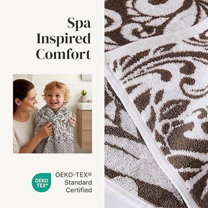 Modern Threads 6 Piece Bath Towel Set – Bathroom Set with 2 Bath Towels, 2 Hand Towels, and 2 Wash Cloths – 100% Cotton, Super Absorbent & Extra Soft – Reversible Botanical Vine (Taupe Brown)