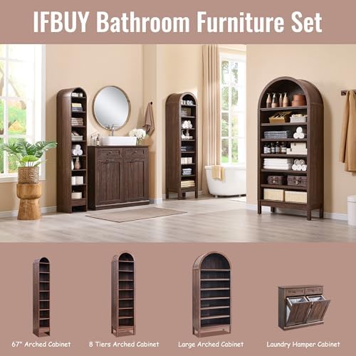 IFBUY 71" Tall Arched Bathroom Storage Cabinet, 8-Tier Modern Farmhouse Storage Cabinet with Adjustable Shelves, Wood Freestanding Cabinet for Bathroom, Living Room, Entryway, Hallway (Brown)