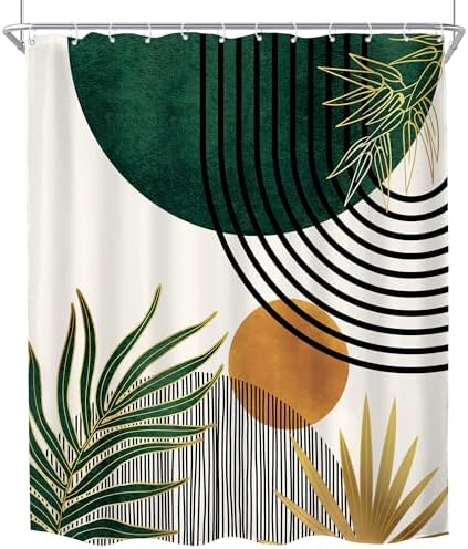 KOMLLEX Mid Century Green Boho Abstract Modern Bathroom Shower Curtain Set
