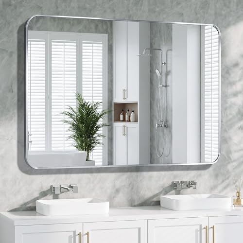 Bathroom Mirror for Wall, 30"x48" Black Bathroom Mirror for Over Sink, Shatterproof Tempered Glass Vanity Mirror with Anti-Rust Aluminum Alloy Frame, Hang Horizontally or Vertically, Silver