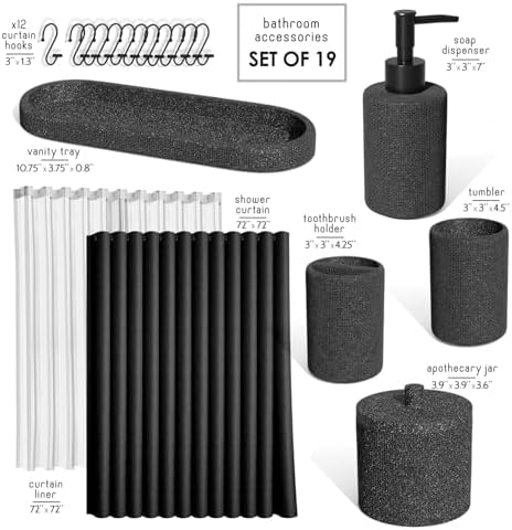 Clara Clark Bathroom Set - Coal Black Bathroom Accessories Set, 19PC Bathroom Accessory Set, Bathroom Sets with Shower Curtain Set, Soap Dispenser & Toothbrush Holder