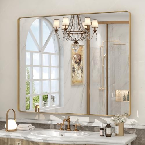 40x36 Inch Brushed Gold Framed Mirror for Bathroom