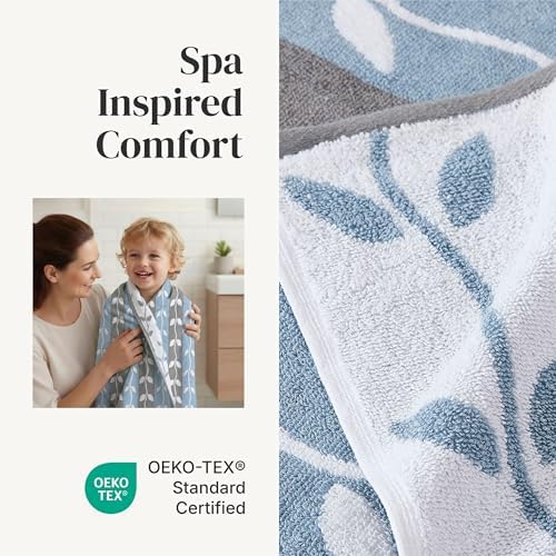 Modern Threads 6 Piece Bath Towel Set – Bathroom Set with 2 Bath Towels, 2 Hand Towels, and 2 Wash Cloths – 100% Cotton, Super Absorbent & Extra Soft – Reversible Natural Vine (Blue)