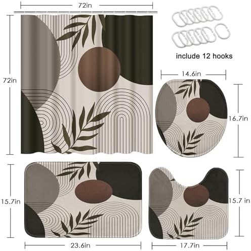 Bathroom Sets with Shower Curtain and Rugs, 4 Pcs, Minimalist Leaf