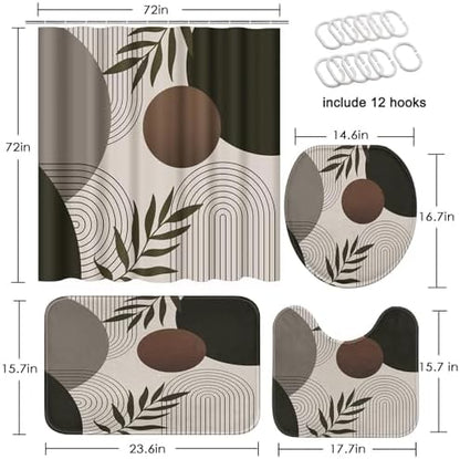 Bathroom Sets with Shower Curtain and Rugs, 4 Pcs, Minimalist Leaf