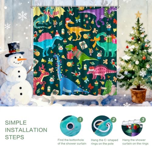 Shower Curtain Christmas, Green Kids Shower Curtain Santa's Hat Dinosaur Party Gift Box Cake Candy Jingling Bell String Light Xmas Theme Machine Wash Home Farmhouse Waterproof Decor Bathroom Curtain