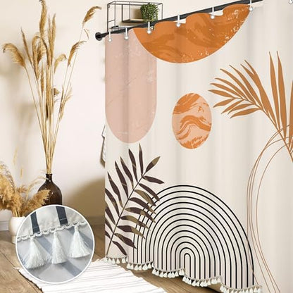 Boho Mid Century Leaf Shower Curtain Set,Arch Sun Design,Minimalistic Leaves Pattern,Waterproof and Luxurious Fabric-12 Hooks(Orange-60" x 72")