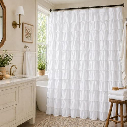 White Ruffle Shower Curtain for Bathroom, 72X84, Layered Ruffles Texture