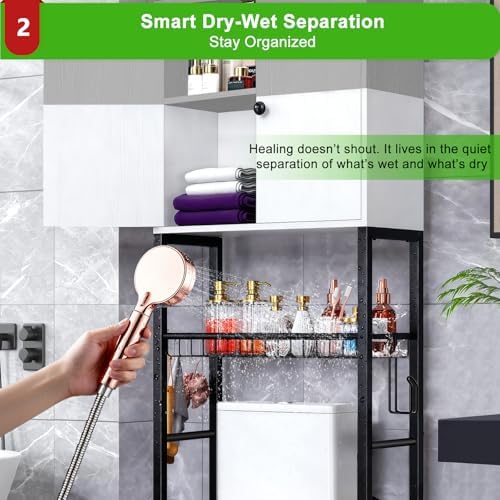Over-The-Toilet Storage Rack, 4-Tier Bathroom Organizer Shelf Over Toilet with Barn Doors Cabinet and Basket, Freestanding Space Saver Bathroom Shelves with Paper Holder Above Toilet (Gray & White)