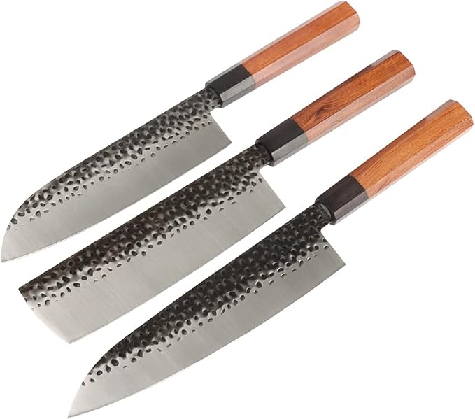 MASALONG 8 inch Hammered Chef Knife Set Kni240 8Cr18Mov Extremely Sharp Cooking Knife (7 inch Santoku knife)