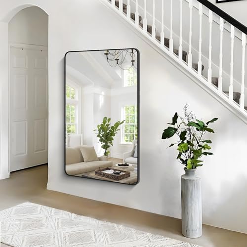 BONEWEI 55x36 inch Bathroom Mirror,Black Rectangle Mirror,Wall Mounted Bathroom Frame Vanity Mirror with Round Corner for Bedroom Living Room, Entryway Hangs Horizontal or Vertical