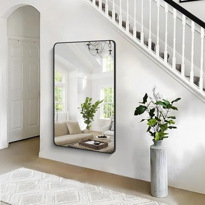 BONEWEI 55x36 inch Bathroom Mirror,Black Rectangle Mirror,Wall Mounted Bathroom Frame Vanity Mirror with Round Corner for Bedroom Living Room, Entryway Hangs Horizontal or Vertical