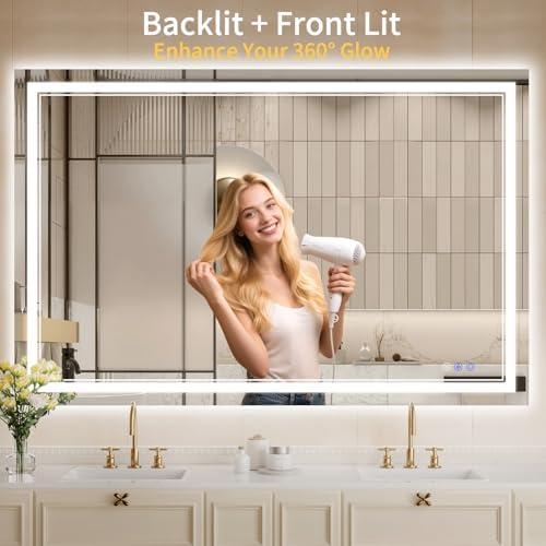 40"x55" LED Bathroom Mirror with Lights, Anti-Fog, Backlit + Front Lit, Dimmable, Led Vanity Mirror for Wall, Lighted Bathroom Mirror, 4 Colors, Shatter-Proof Tempered Glass