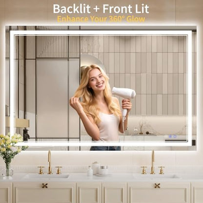 40"x55" LED Bathroom Mirror with Lights, Anti-Fog, Backlit + Front Lit, Dimmable, Led Vanity Mirror for Wall, Lighted Bathroom Mirror, 4 Colors, Shatter-Proof Tempered Glass
