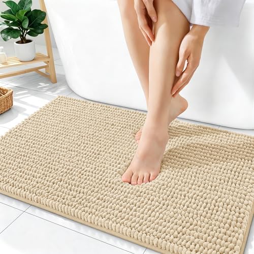 OLANLY Thick Chenille Bathroom Rugs 36x24, Soft Absorbent Bath Mat, Beige