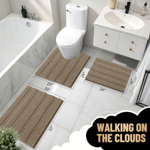 OLANLY Thick Bathroom Runner Rugs 44x24, Soft Chenille Long Bath Rugs, Tan