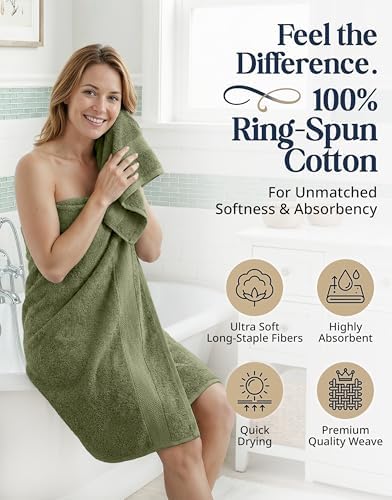 LANE LINEN Large Bath Towel Set Absorbent Quick Dry 100% Cotton - Oil Green
