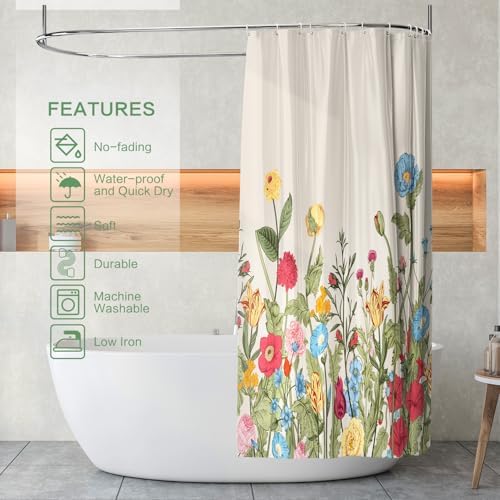 Vintage Floral Shower Curtain, Retro Wildflowers Shower Curtain 72x72