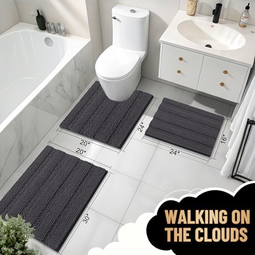 OLANLY Thick Bathroom Runner Rugs 47x24, Soft Chenille Bath Rugs, Dark Grey
