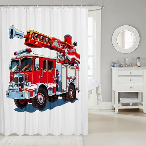 3D Fire Truck Fabric Bathroom Shower Curtain Cartoon Car Vehicle Waterproof Shower Curtains for Kids Boys Girls Firemen Rescue Fire Fighting Shower Curtain with Hooks Red Car Curtain,72x78 Inches