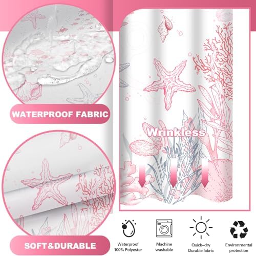 No Hook Shower Curtain and Liner Set, Pink Beach Coastal 71x84