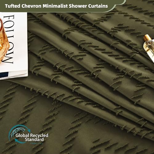 Siiluminisoy Boho Shower Curtain with Tassel Woven Fabric Olive Green Shower Curtain 72 x 72 Modern Farmhouse Textured Tufted Chevron Striped Minimalist Bathroom Shower Curtains