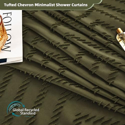 Siiluminisoy Extra Long Olive Green Boho Shower Curtain with Tassel, Woven Fabric 84 in Shower Curtain, Tufted Chevron Striped, 72 x 84, Modern Chic Textured Minimalist Bathroom Shower
