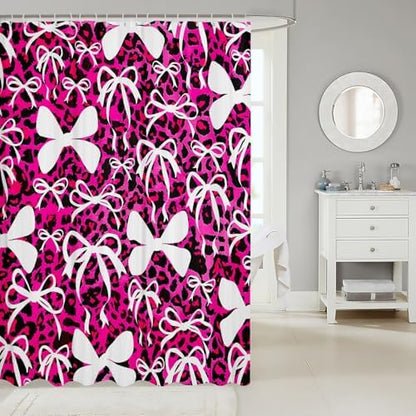 jejeloiu Cute Bowknot Shower Curtain for Bathroom Decor 72"x72" Pink Black Leopard Bath Curtain Kawaii Girls Bow Bathroom Accessories Waterproof Polyester Fabric for Stalls Bathtubs Princess Decor