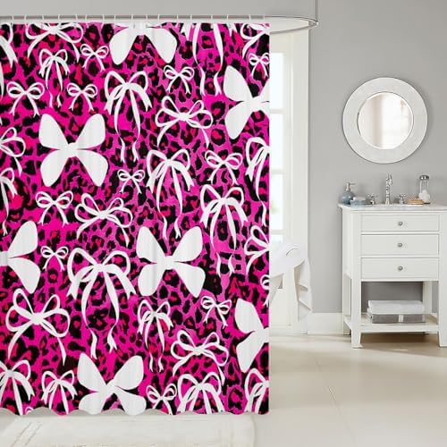 jejeloiu Cute Bowknot Shower Curtain for Bathroom Decor 72"x78" Pink Black Leopard Bath Curtain Kawaii Girls Bow Bathroom Accessories Waterproof Polyester Fabric for Stalls Bathtubs Princess Decor