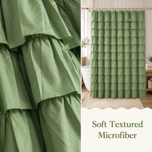 Sage Green Ruffle Shower Curtain for Bathroom, 72x84 inch, 1 Panel