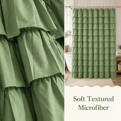 Sage Green Ruffle Shower Curtain for Bathroom, 72x84 inch, 1 Panel