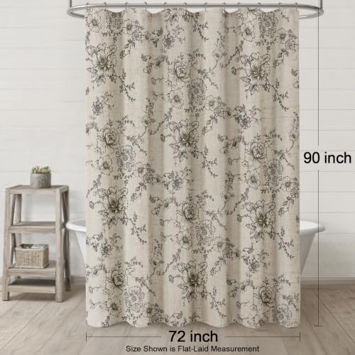 Farmhouse Floral Vintage Shower Curtain for Bathroom, Black and Tan Taupe