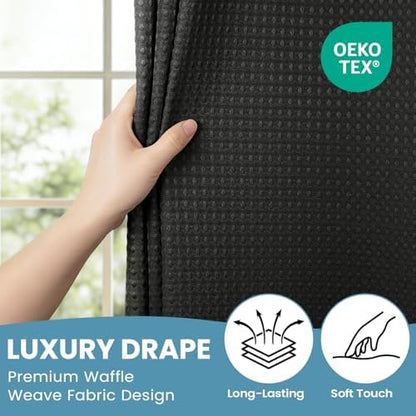 SORTTO No Hook Waffle Shower Curtain with Snap in Liner Set, 71x80, Black