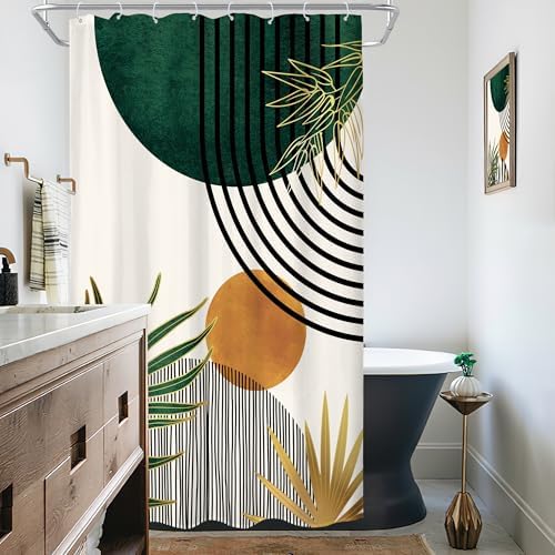 KOMLLEX Mid Century Green Boho Abstract Modern Bathroom Shower Curtain Set