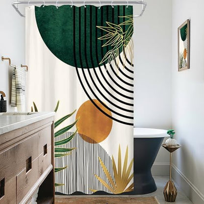 KOMLLEX Mid Century Green Boho Abstract Modern Bathroom Shower Curtain Set