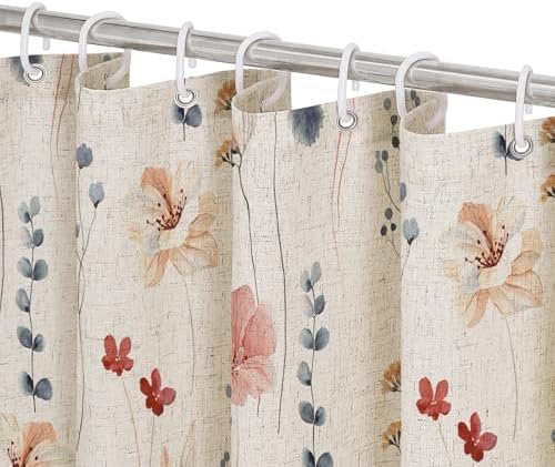 Gibelle Coral Linen Watercolor Floral Fabric Shower Curtain, 72x72