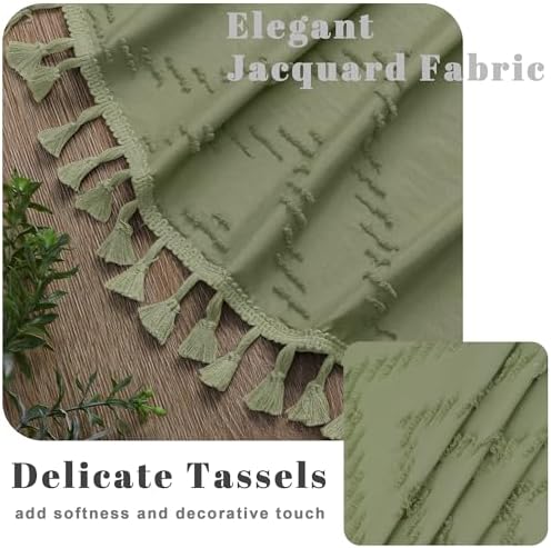 OWENIE Extra Long Light Green Boho Shower Curtain, Chic Tufted Chevron Striped Textured Fabric Cloth Shower Curtains with Tassel for Bathroom, Soft Hotel Style Farmhouse, Machine Washable, 72x84