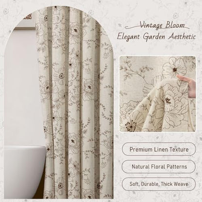 Farmhouse Floral Vintage Shower Curtain for Bathroom, Brown Embroidered