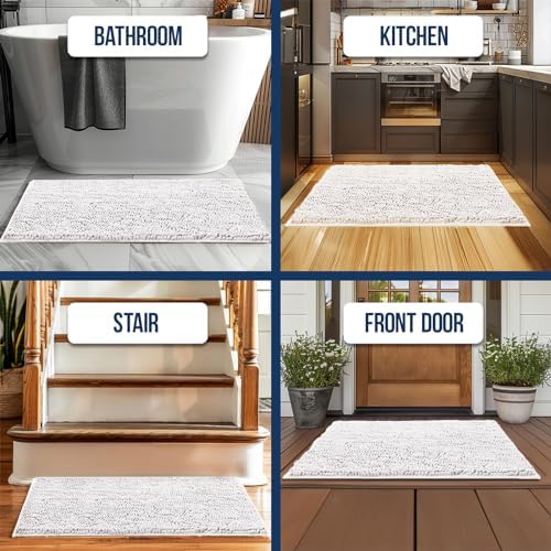 Muddy Mat® | Chenille Bathroom Rugs Quick Dry Microfiber Mats Non Slip Washable, Extra Thick, Soft and Highly Absorbent Bath Mats for Bathroom, Kitchen, and Shower Floor - White 24"x35"