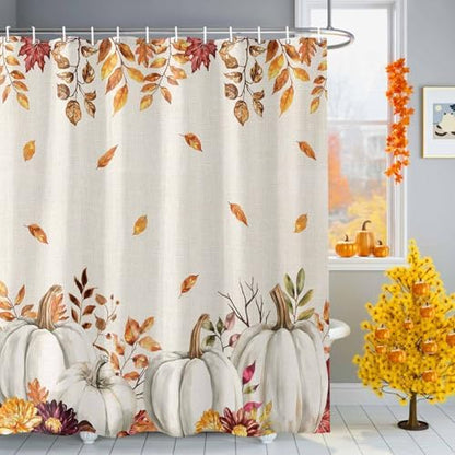 Shower Curtain Bathroom Set Thanksgiving Pumpkin Fall Orange Maple Leaf Watercolor Waterproof Shower Curtains with Grommets Hooks Vintage Linen Privacy Bath Curtain for Bathtub Decor 36x72in