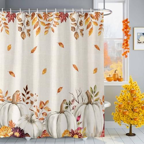 Shower Curtain Bathroom Set Thanksgiving Pumpkin Fall Orange Maple Leaf Watercolor Waterproof Shower Curtains with Grommets Hooks Vintage Linen Privacy Bath Curtain for Bathtub Decor 72x72in