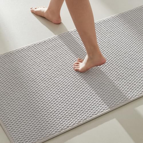 TYUU Bathroom Rugs Non Slip Washable, Super Absorbent Thin Bath Mat Quick Dry Low Pile Bathroom Rug, Light Grey 20"x48"