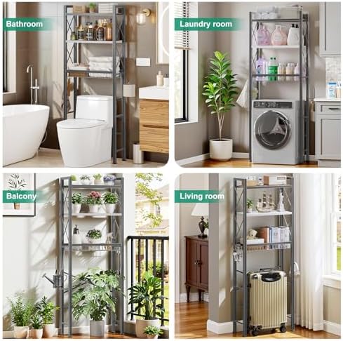 Kalrin Over The Toilet Storage with X Shape Side Guardrail, 3-Tier Over Toilet Storage Rack with Drain Basket, Freestanding Bathroom Organizer for Balcony Laundry, Grey-White