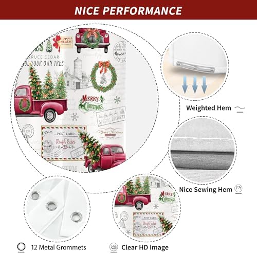 Vintage Christmas Farmhouse Shower Curtain for Bathroom 72W*72H Inch Red Truck Xmas Tree Winter Snowflake Wreath Classical Country Holiday Decorations Bathtub Decor Waterproof Polyester Fabric Set
