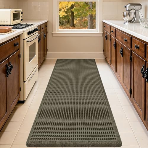 Upgrade Waffle Bath Mat, Greyish Green 32"x20", Boho Bathroom Rugs Absorbent Non Slip, Ultra Soft Bathroom Mat, Machine Washable Knit Bath Rugs with Tassels for Bathroom, Bedroom, Kitchen, Shower