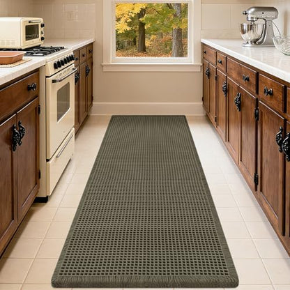 IM HOME Extra Large Waffle Bath Mat, Greyish Green 6'x2', Boho Bathroom Rugs Absorbent Non Slip, Ultra Soft Bathroom Mat, Machine Washable Knit Bath Rugs with Tassels for Bathroom, Kitchen, Tub